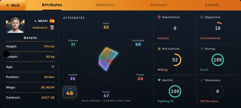 Player profile with attribute radar, overall rating and condition meters