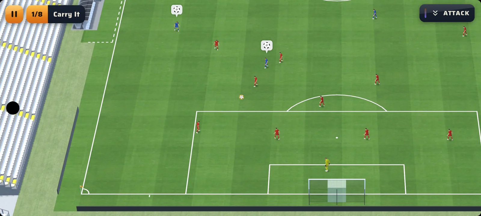 In-match 3D pitch view with a scene counter, action prompt and attacking mentality selector